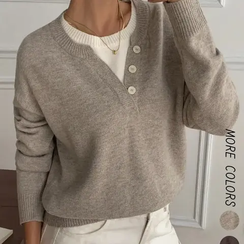 Women's Henley Neck Button Front Color Block Long Sleeve Pullover Sweater, Autumn and Winter Casual Loose Fit 2-in-1 Sweater, Fashion Soft Knitted Top for Daily Work and Street Style