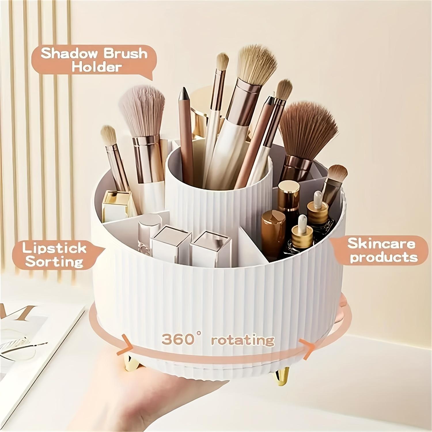 360-degree rotational makeup product storage box - 1 plastic cosmetic storage box with 5 compartments - multi-functional storage rack for brushes, lipsticks, skincare products and stationery - durable and odorless desktop storage box with luxurious stripe