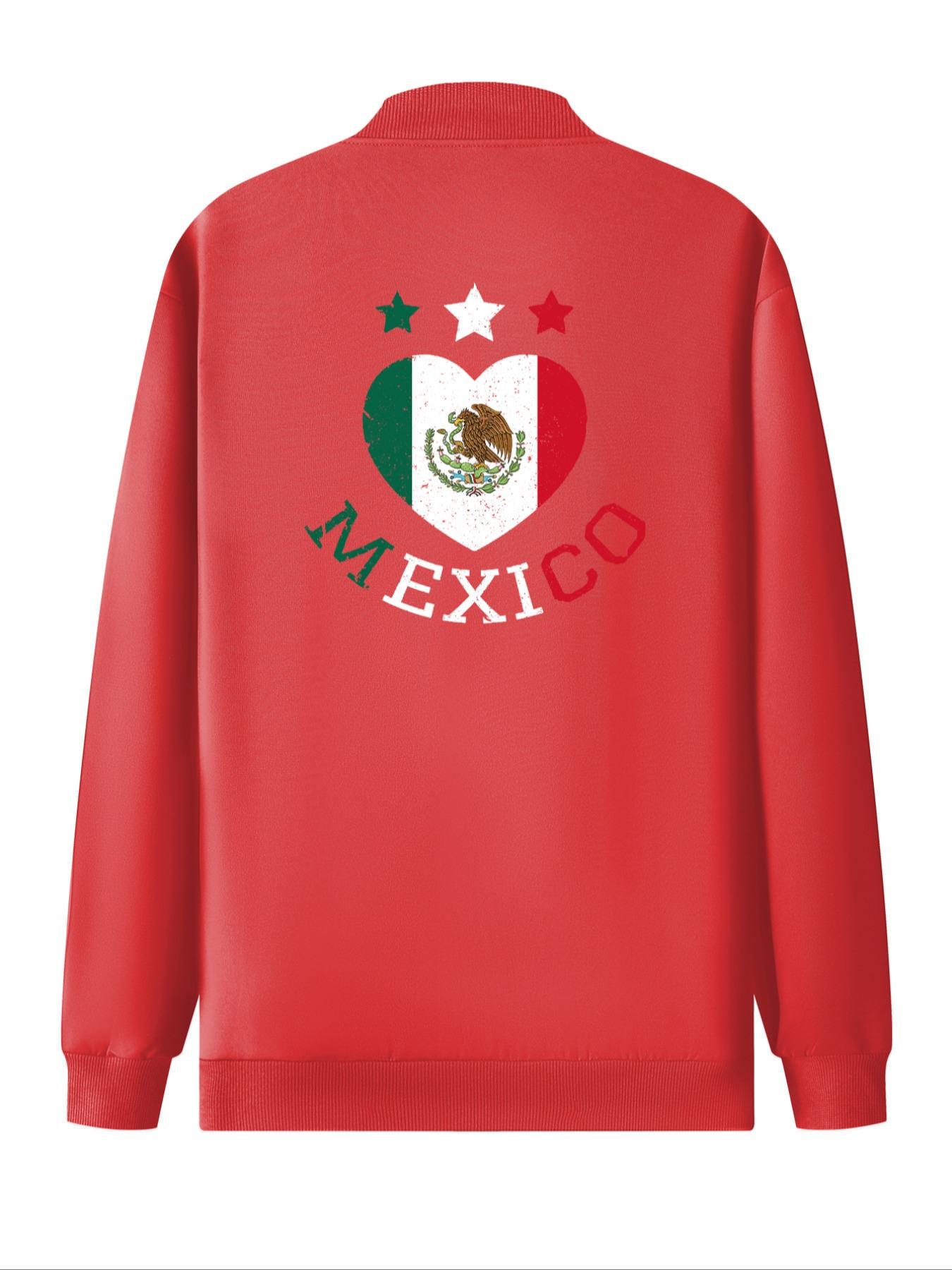Men's Mexico Flag & Heart Print Zip Up Baseball Collar Jacket, Regular Fit Casual Long Sleeve Pocket Outerwear for Daily Wear, Fashion Men's Clothes for All Seasons