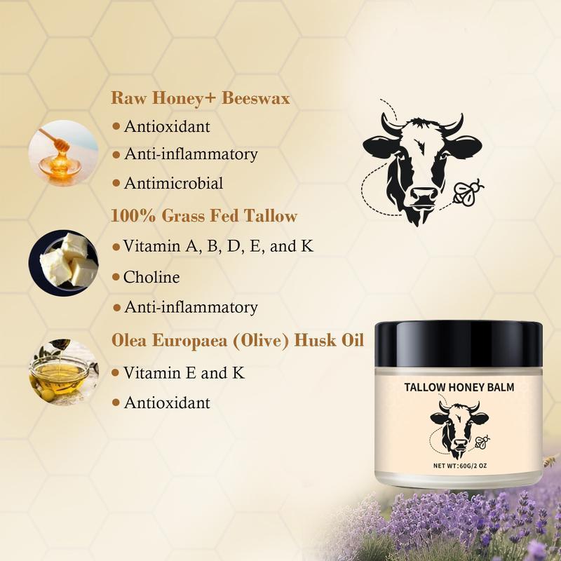 Organic Grass-Fed Beef Tallow Balm with Raw Honey, Handmade Long Lasting Moisturizing Cream for Soft & Smooth Skin, Natural Ingredients, Single Pack