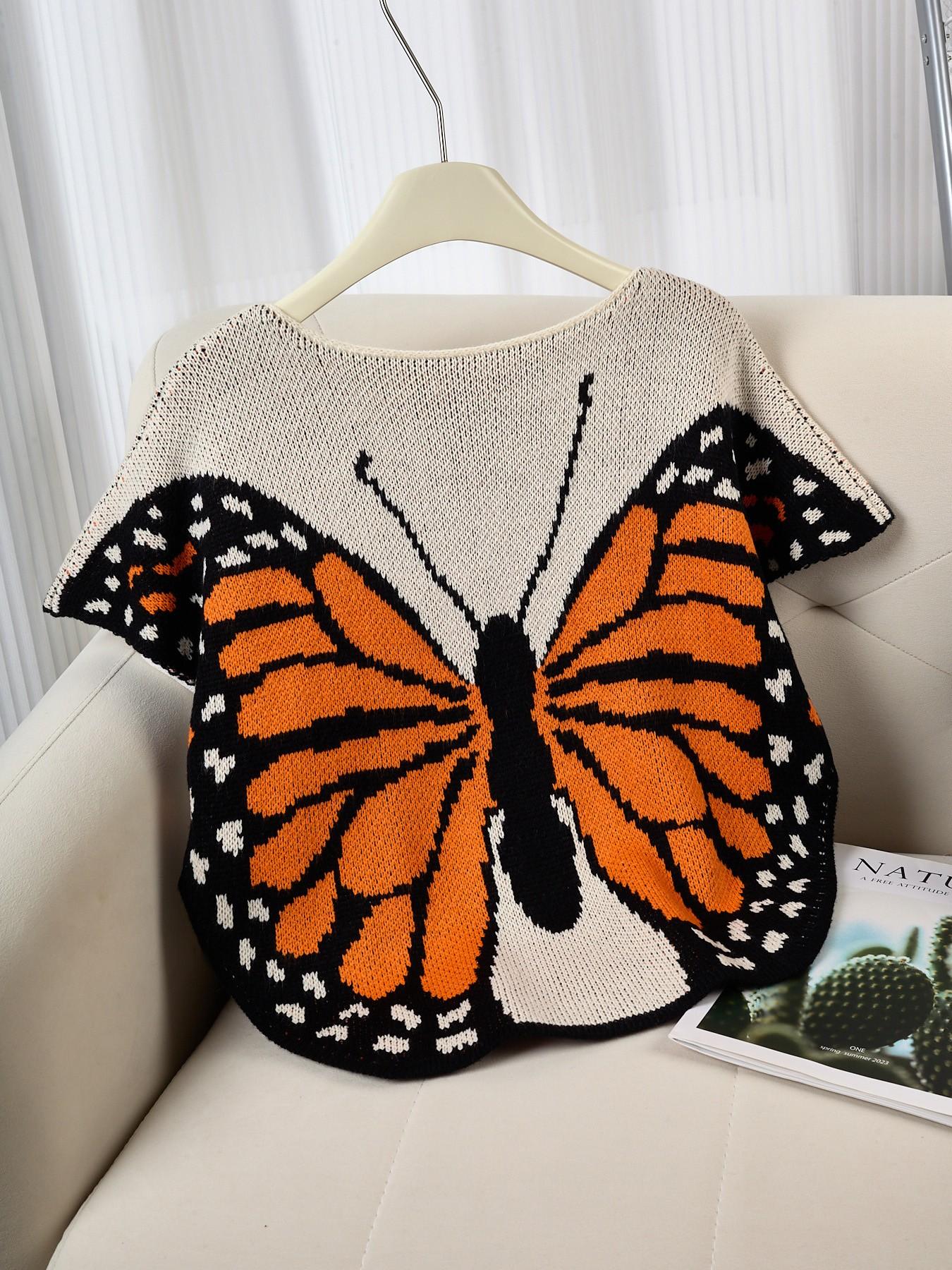 Vintage Butterfly Knit Pullover for Women, Unique Design Outerwear, Casual Loose-Fitting Top, Spring & Fall, Acrylic Material Knitwear