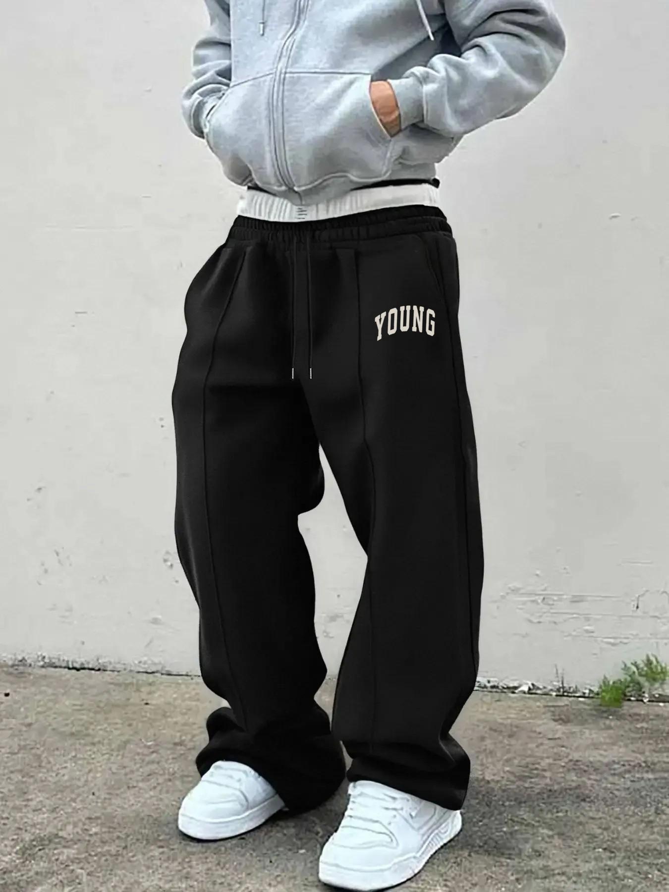 Men's Casual Graphic Print Pants, Fitted Comfortable Sweatpants, Drawstring Wide Leg Fashion, Spring & Fall Wear, Youthful Style