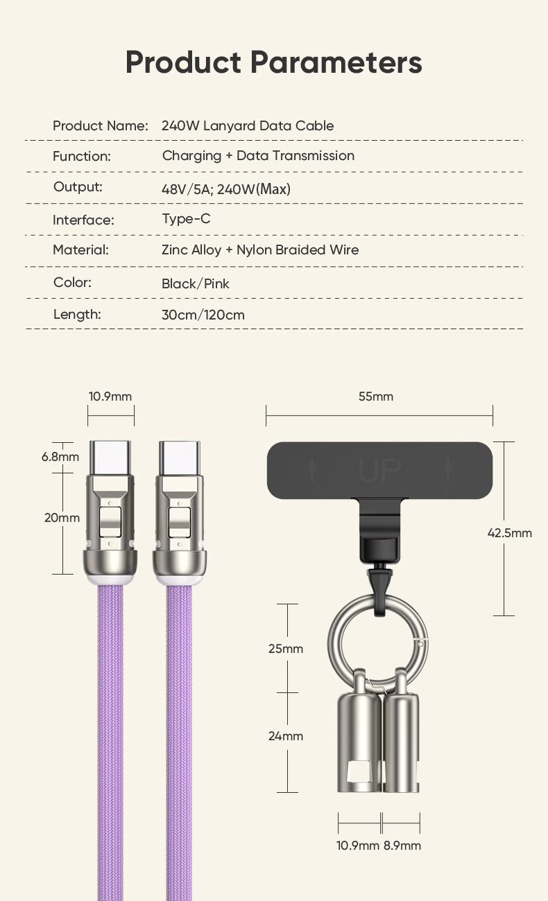 240W USB-C Lanyard Charging Cable, 2-in-1 Phone Strap & Fast Charger, 5A PD Data Transfer Cord with Buckle, Zinc Alloy Durable for Phone/Tablet/Laptop