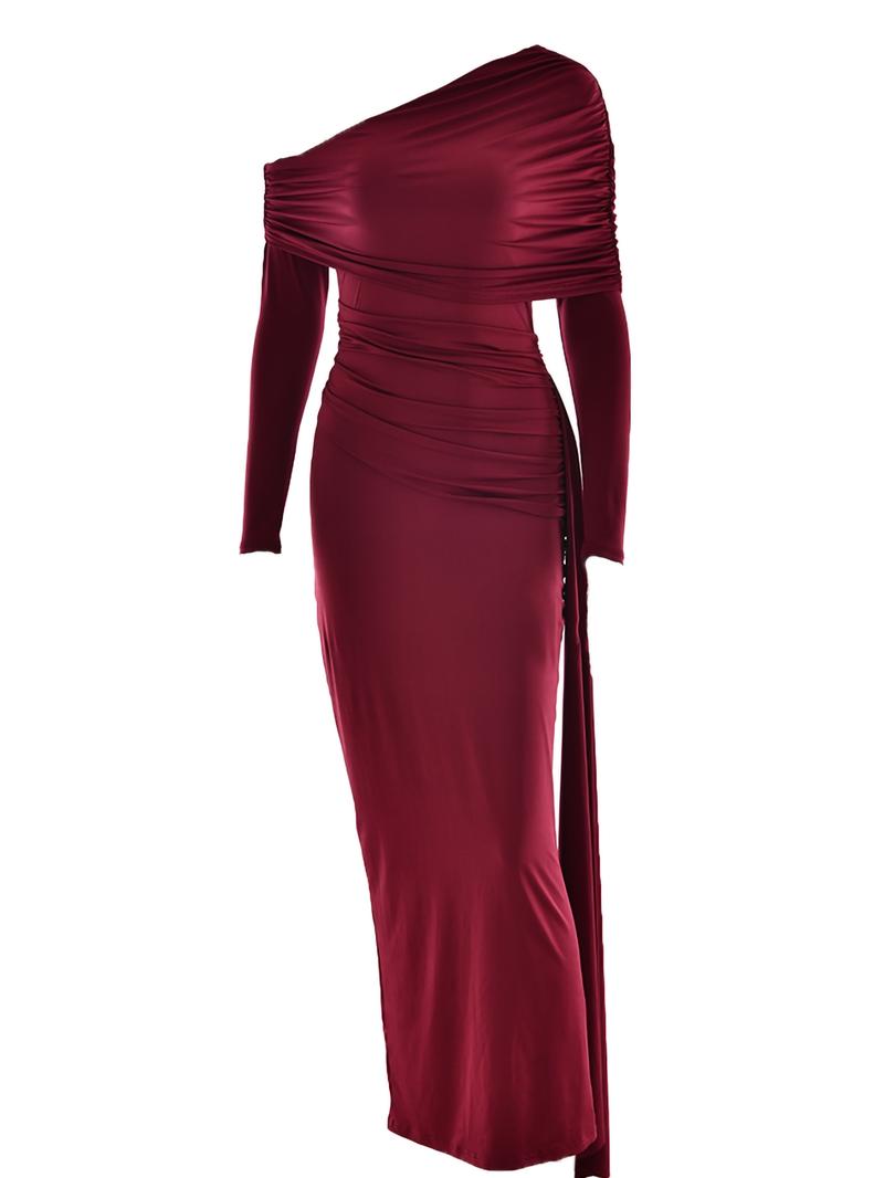 Elegant Party Holiday Dress with Side Long Tie, Asymmetrical Single Shoulder Ruched Bodycon Women's Dress, All Seasons Fashion