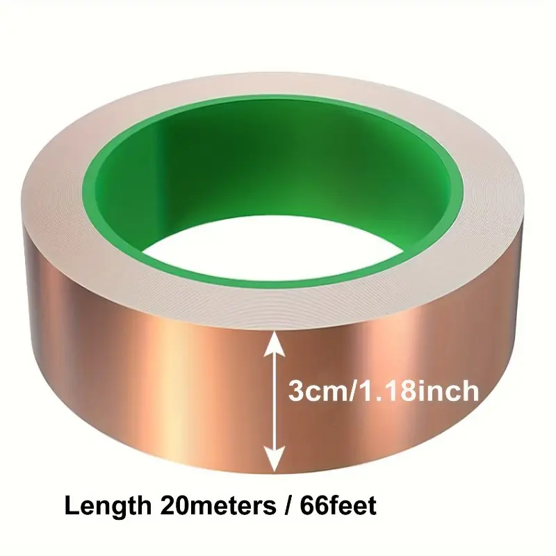 Copper Foil Tape (Metallic, 1.18 in x 66 ft) with Conductive Adhesive – Suitable for Guitars, EMI Shielding, Crafts, Electrical Repairs, and Grounding