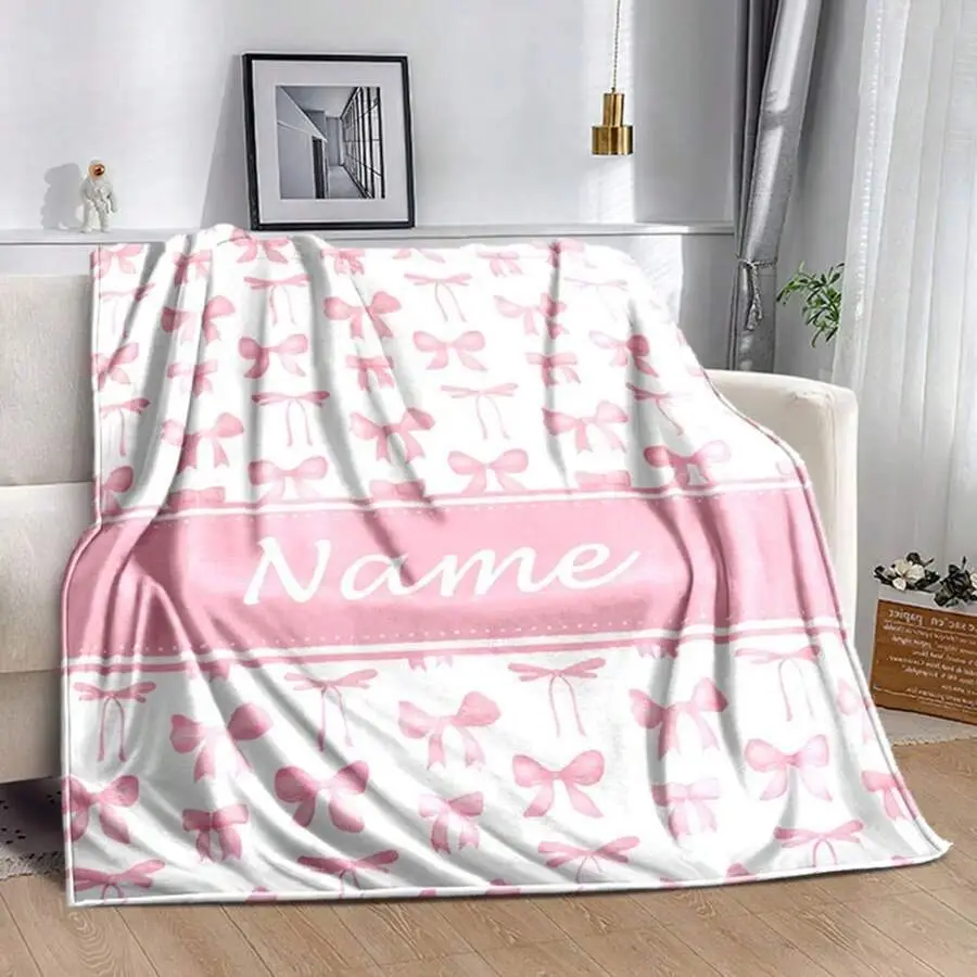 Customizable Soft Warm Flannel Throw Blanket - Pink Bow Watercolor Design, Personalizable Name   Custom  , Wrinkle-Resistant, Durable, Fade-Resistant Home Good for Sofa Bedding, Cute Girly Gift for Nursery Decor, Cute Girly Gifts