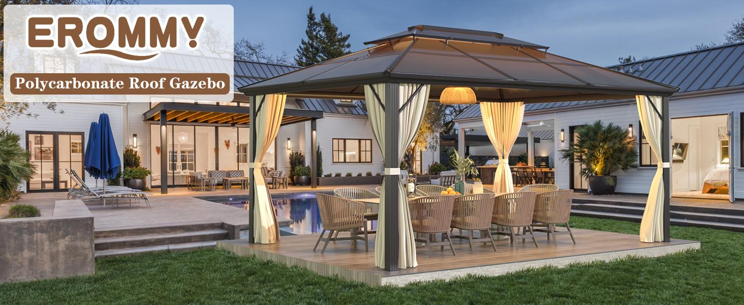 EROMMY Hardtop Gazebo, Outdoor Polycarbonate Double Roof Canopy, Aluminum Frame Permanent Pavilion with Curtains and Netting, Sunshade for Garden, Patio, Lawns