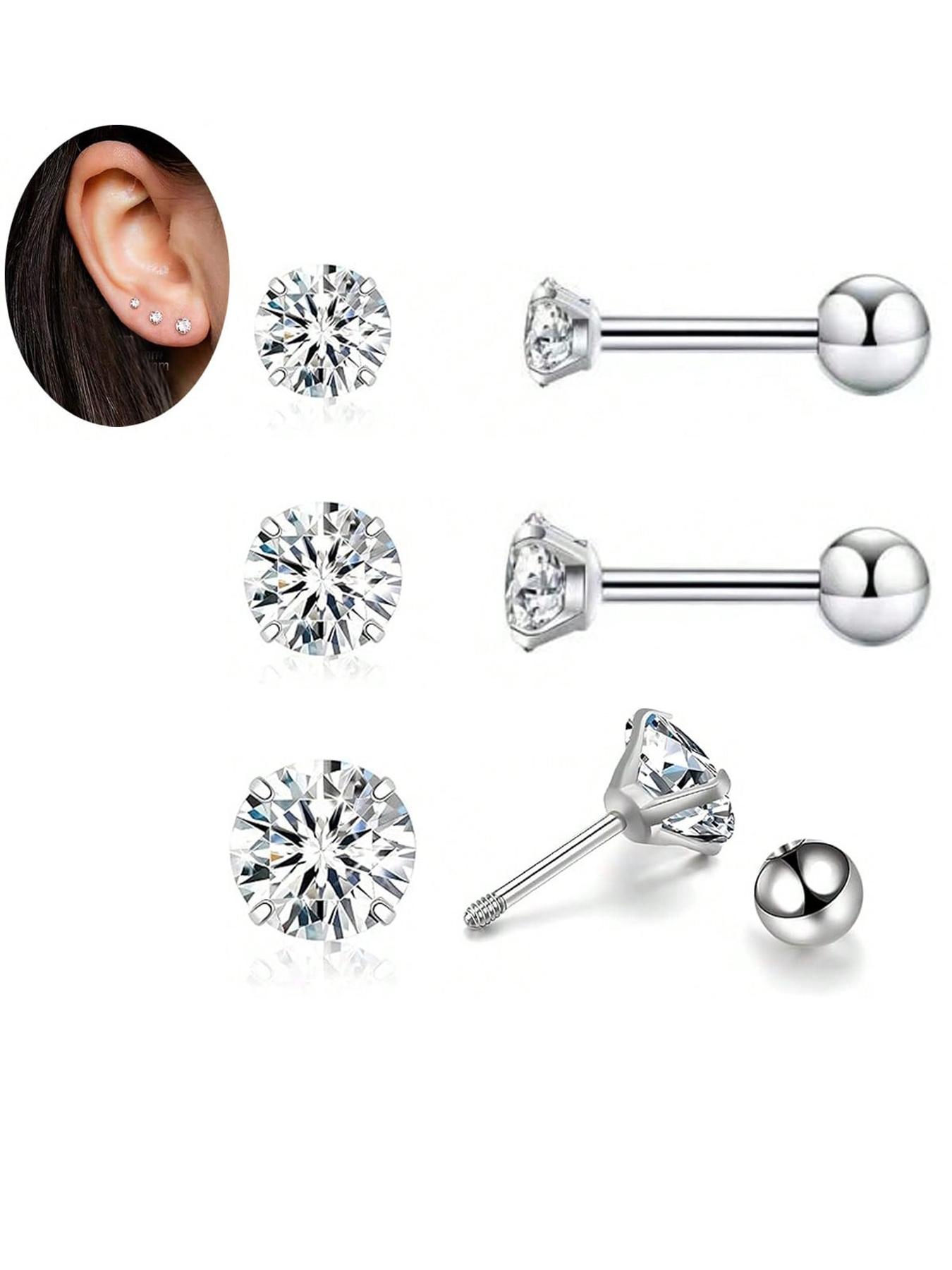 Artificial Zirconia Decorated Earrings Set, Elegant for Women & Girls, Stainless Steel Inlaid Artificial Zirconia Ear Studs, Stud Earrings Jewelry