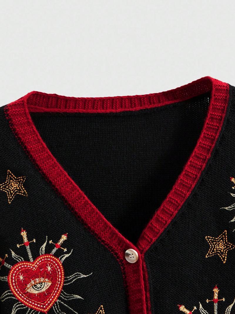 Women's V-Neck Button-Up Knit Cardigan Knitwear, Cropped Loose Fit Long Sleeve with Love Sun Star Embroidery, Ribbed Detail for Fall Winter