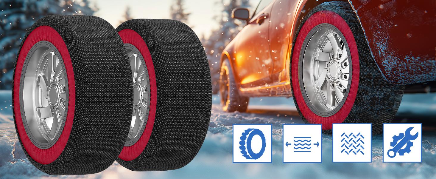 Automotive Snow Socks for Tires - Great Alternative to Tire Chains for Cars, Thickened Polyester Fiber for Maximum Tire Traction & Grip, Fits Car, SUV, Pickup and Truck (Set of 2) Automotive Snow Socks for Tires - Great Alternative to Tire Chains for Cars, Thickened Polyester Fiber for Maximum Tire Traction & Grip, Fits Car, SUV, Pickup and Truck (Set of 2)