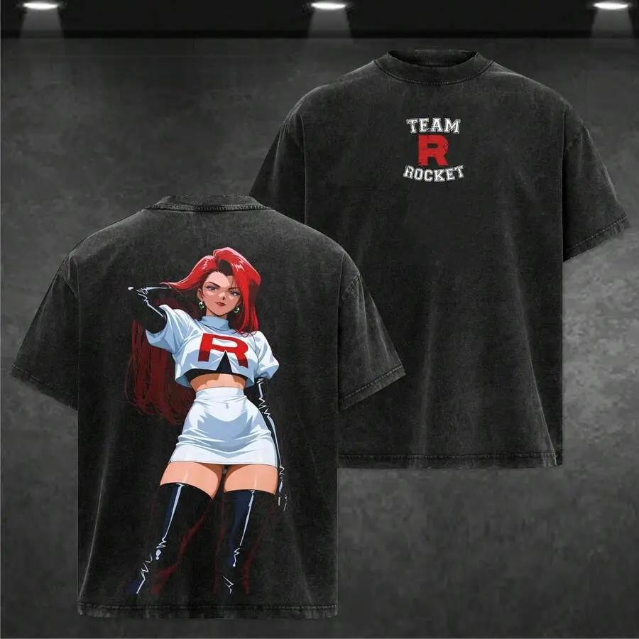 Nostalgic Team Rocket Jessie Double-Sided Print T-Shirt, Unisex Short Sleeve Crew Neck Top, Vintage Anime Streetwear Tee, Soft Breathable Shirt for Road Trips and Cartoon Fan Events
