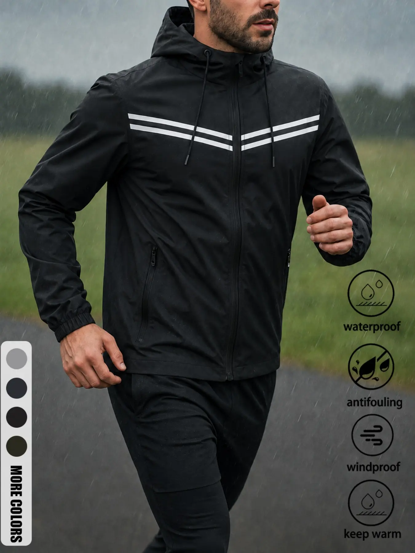 Men's Autumn/Winter Daily Wear, Morning Run, Hiking, Commuting, Reflective Double Bar Hooded Windproof Jacket/Outerwear, Suitable for Work, Outdoors, City, Loose Fit, Trendy, Casual, Youthful, Simple, Retro, Versatile, High-Quality, Stylish, Individualist