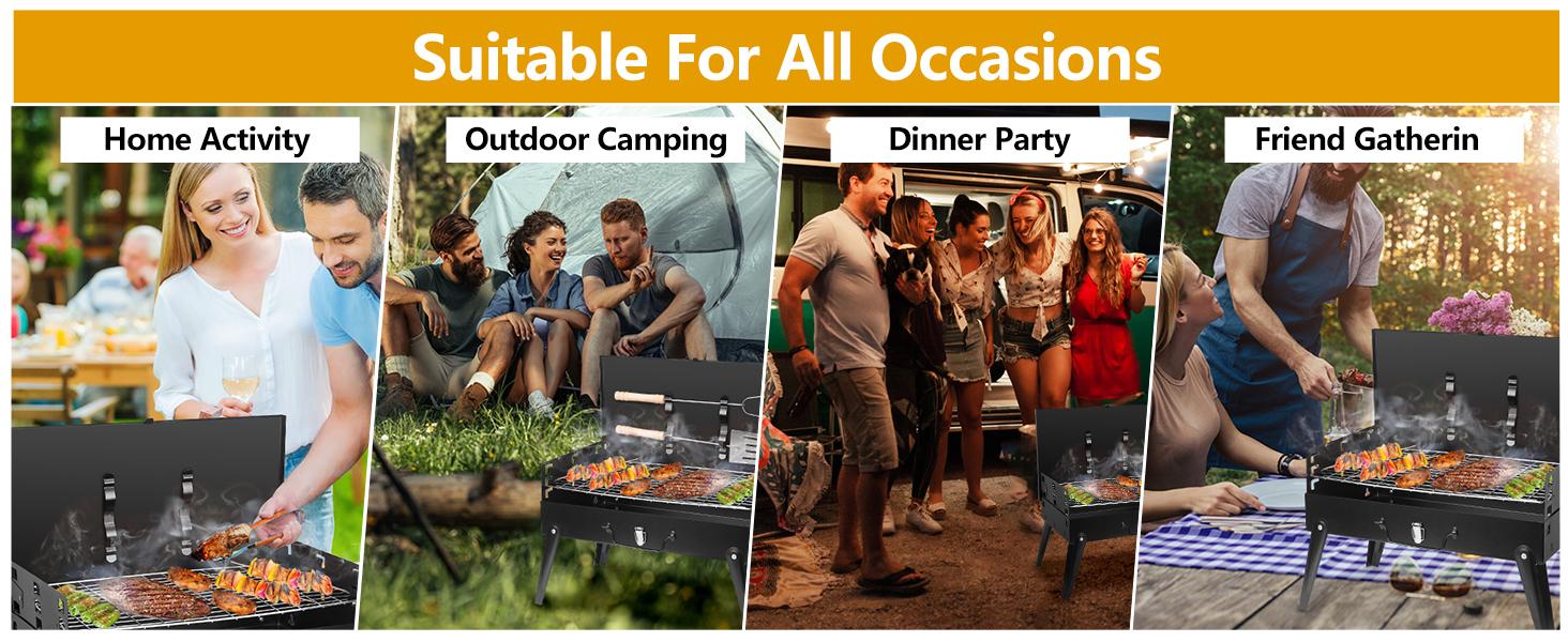 GEEKHOM Portable Charcoal Grill, Outdoor Small BBQ Grill with Barbecue Accessories, Folding Camping Grill for Outdoor Cooking Travel Picnic Patio Beach Hiking Park, Height Adjustable for 3 to 5 People