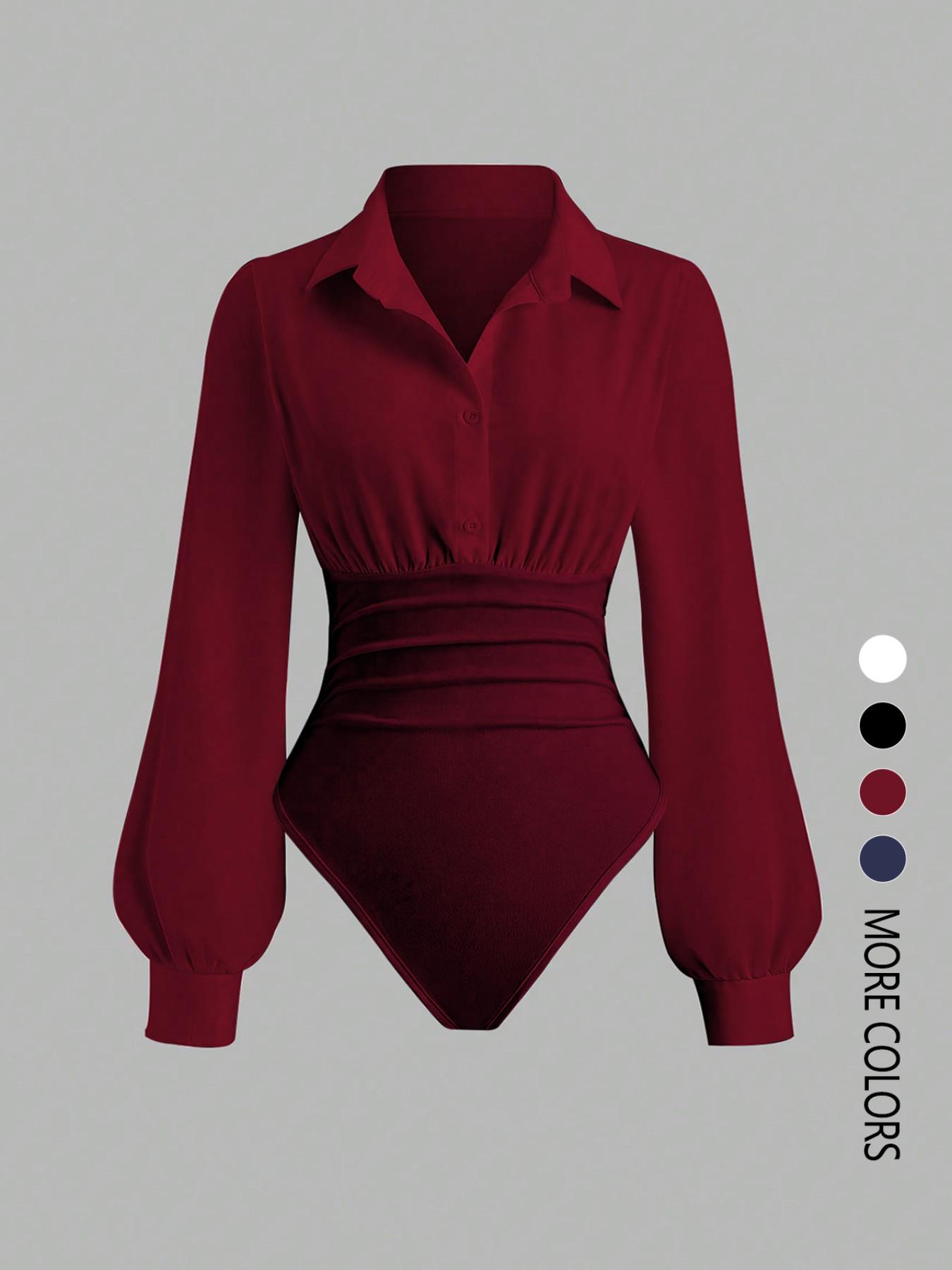 Women's solid color slim-fit V-neck long-sleeved shirt jumpsuit, elegant woven fabric, slim fit, suitable for all seasons, and can be layered flexibly Bodysuits