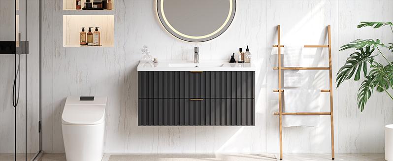 【Valentine's Day gift】ONBRILL Bathroom Vanity with Sink Combo, Floating Bathroom Vanity with 2 Fluted Drawers & Metal Handle, Modern Wall Mount Storage Cabinet with Ceramic Integrated Sink for Small Space