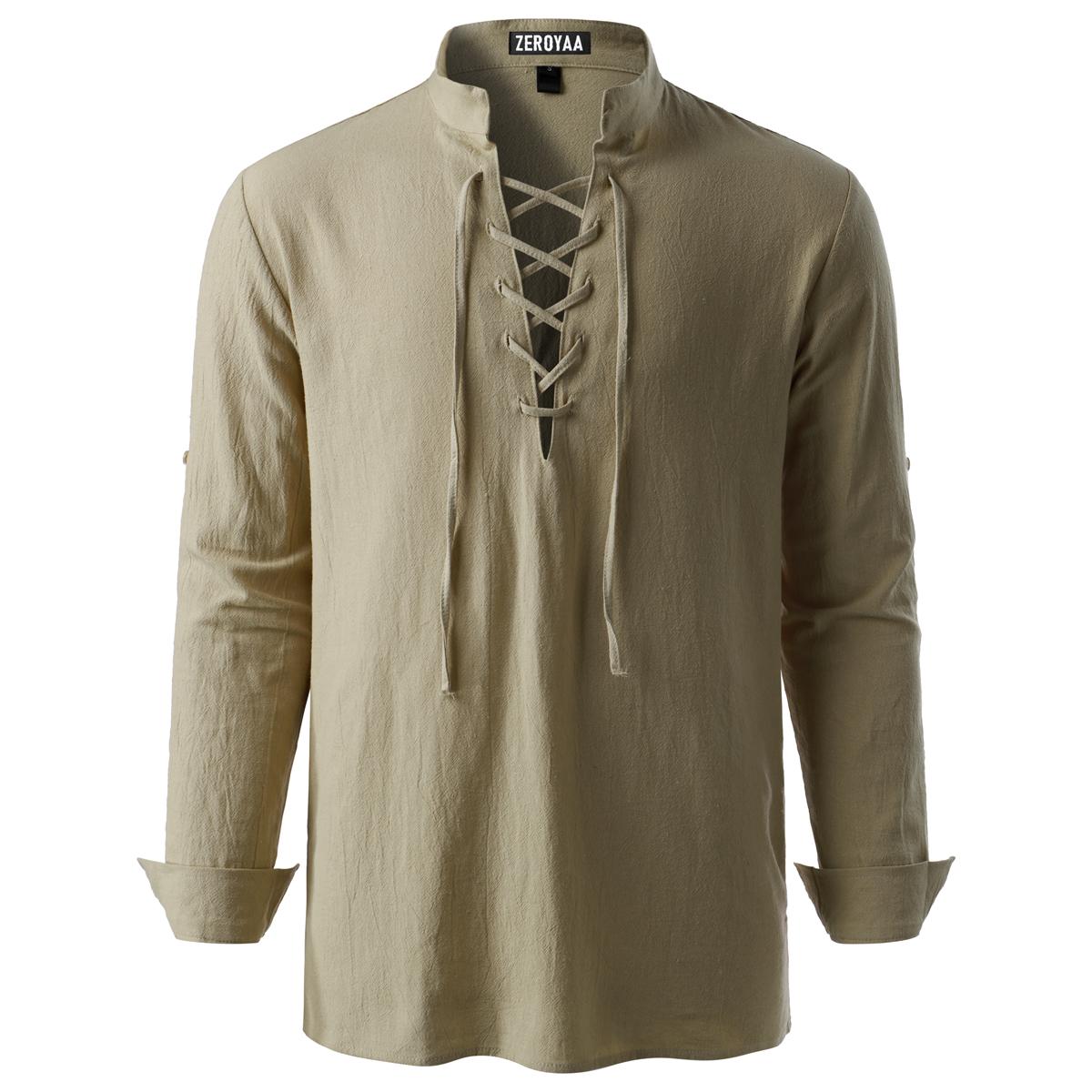 ZEROYAA Men's Medieval Vintage Long Sleeve Lace Up Shirt Renaissance Costume for Halloween Viking Pirate Cosplay Casual Menswear Funny Shirts Cotton High Quality Beige V-Neck Banded Collar Roll-up Sleeves