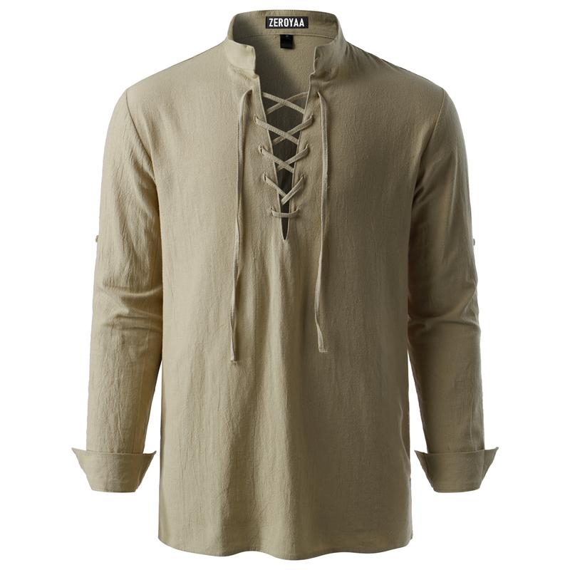 ZEROYAA Men's Medieval Vintage Long Sleeve Lace Up Shirt Renaissance Costume for Halloween Viking Pirate Cosplay Casual Menswear Funny Shirts Cotton High Quality Beige V-Neck Banded Collar Roll-up Sleeves