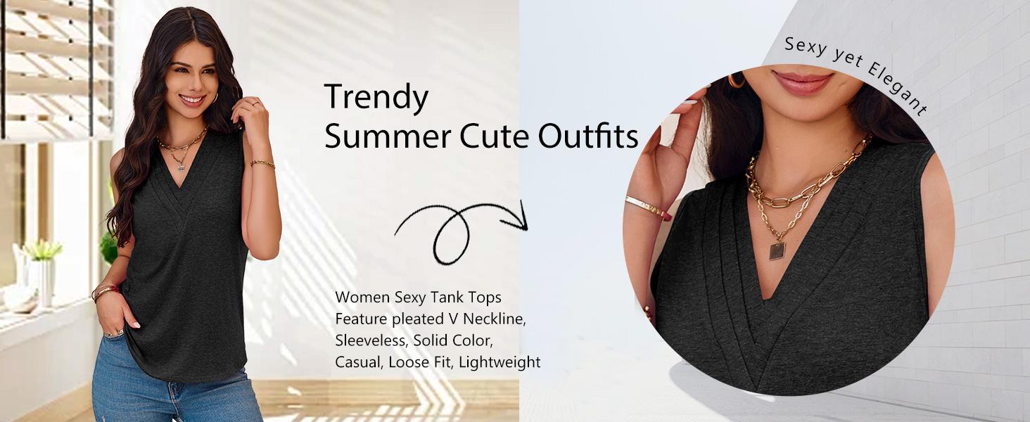 Cicy Bell  Women V Neck Tank Tops Dressy Casual Summer Loose Fit Sleeveless Shirts Blouse Comfy Womenswear Soft Basic