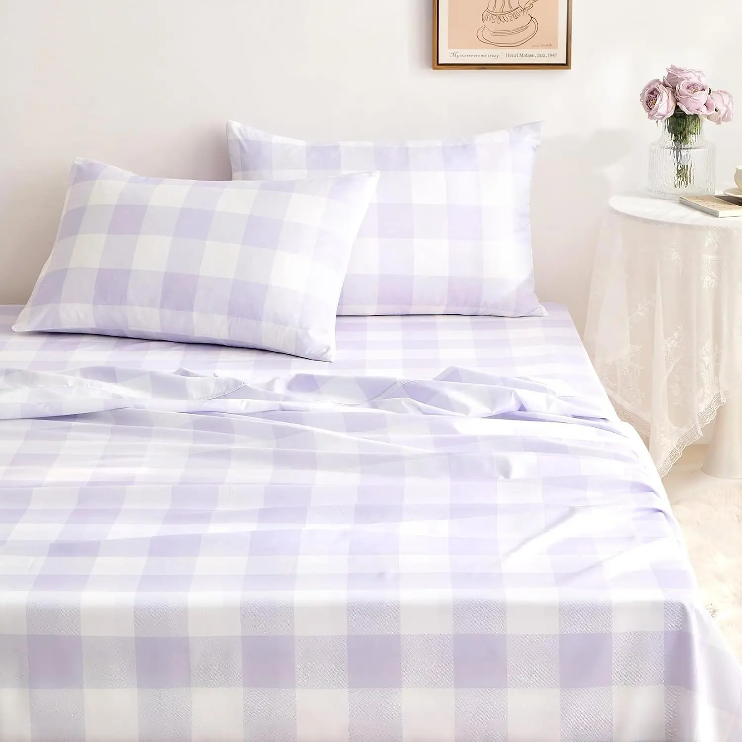 Gingham Bed Sheets, 4-Piece Sheet Set, Cute Plaid Buffalo Check Geometric Aesthetic Bedding, Deep Pocket, Light Purple, Full Size