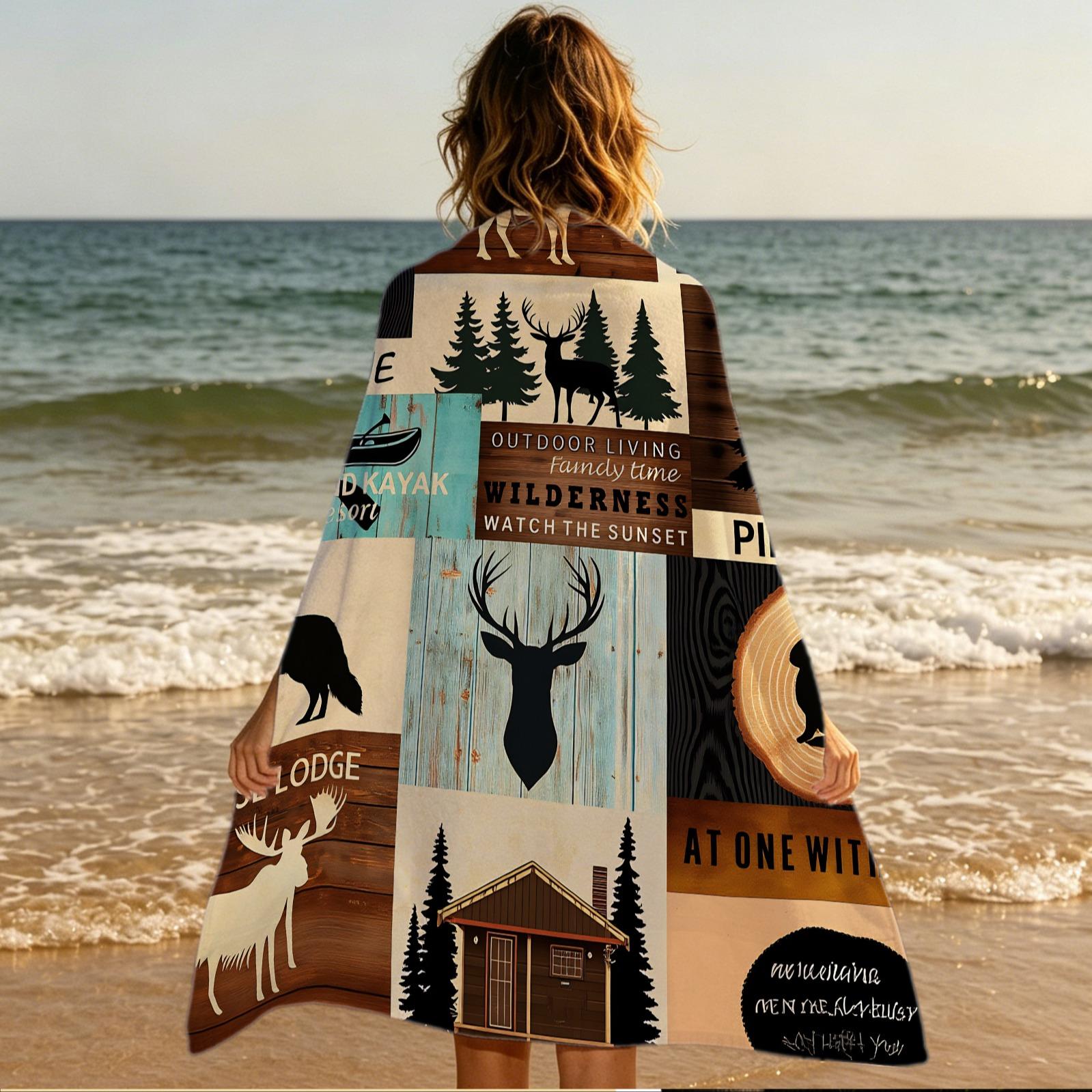 Retro Log Cabin Animal Print Beach Towel, Unique Wilderness Patchwork Beach Towel, Multi‑Color Checkered Oversized Beach Towel—Absorbent and Quick‑Drying, Perfect for All Kinds of Summer Outings