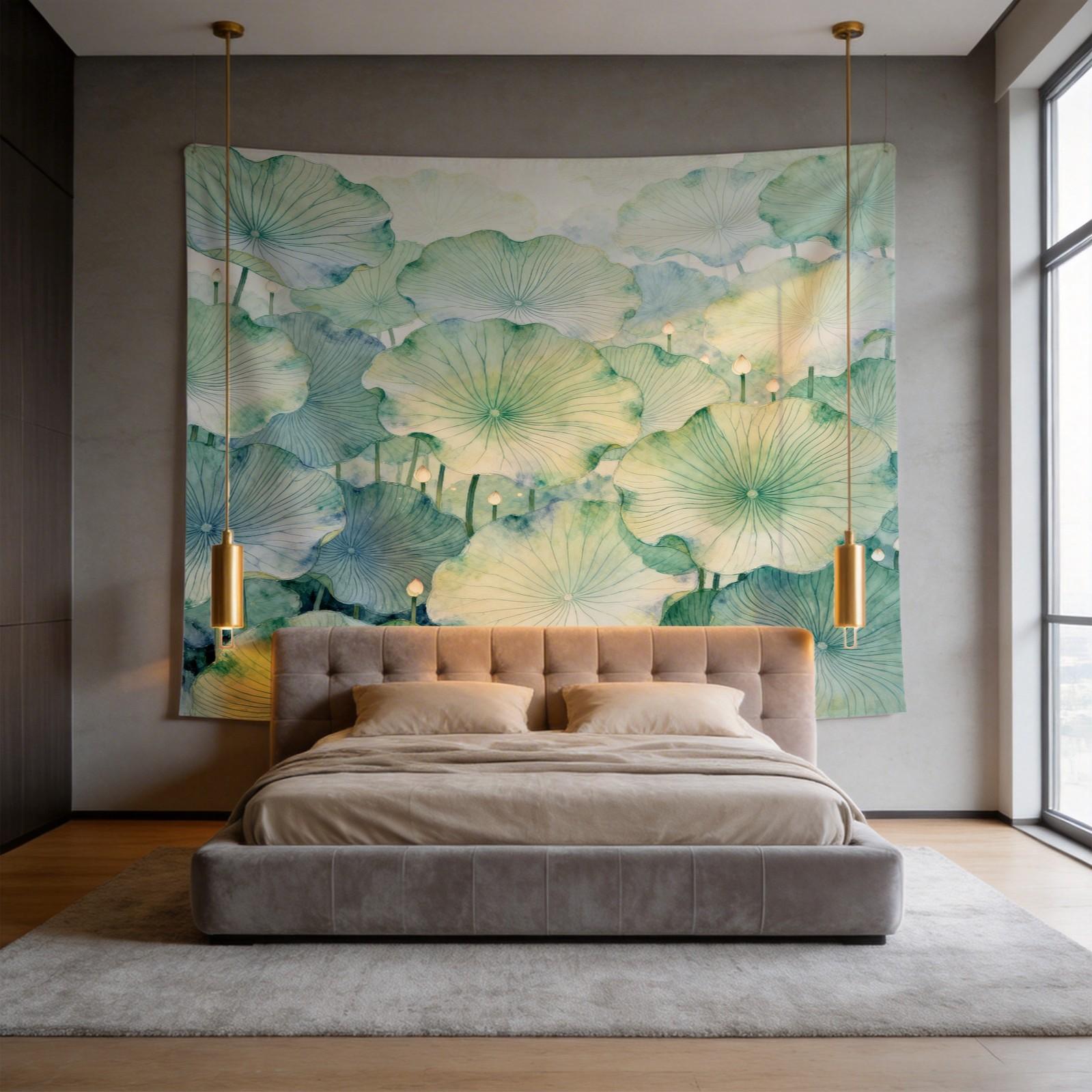 1 Piece Watercolor Lotus Leaf Tapestry, Green Lotus HD Digital Print Wall Hanging, Boho Aesthetic Decor Tapestry for Bedroom Living Room Dorm