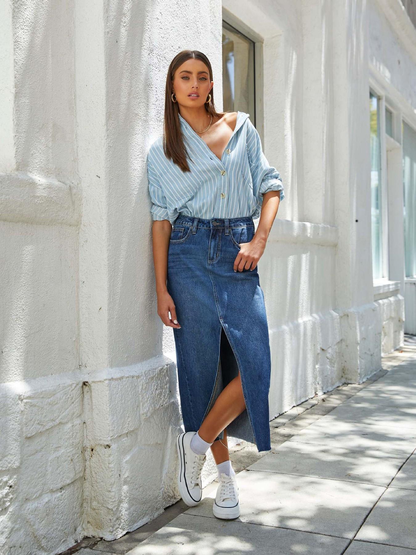 Women's Straight Leg Split Denim Midi Skirt, Basic Fitted Denim Half Skirt, Pocket Design, Slimming Casual Dress for Summer, Slit