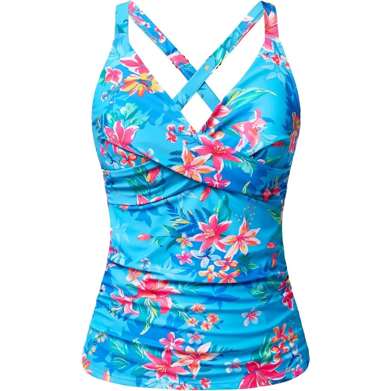 Women Underwire Tankini Top Only - Twist Front V Neck Bathing Suit Swim Top Tummy Control Cross Swimsuit