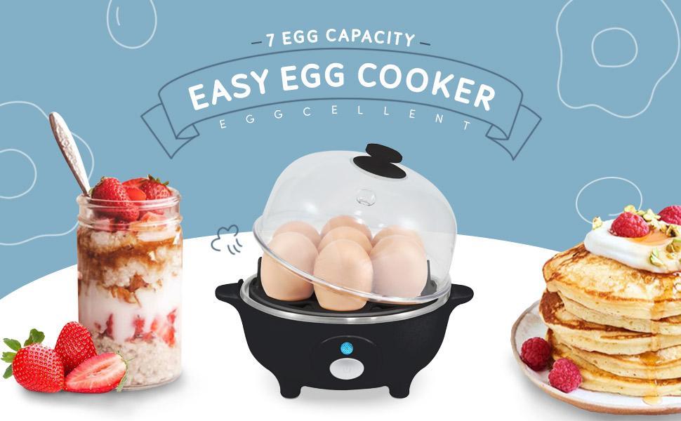 Rapid Egg Cooker, 7 Easy-To-Peel, Hard, Medium, Soft Boiled Eggs, Poacher, Omelet Maker, Auto Shut-Off, Alarm, 16-Recipe Booklet, Black