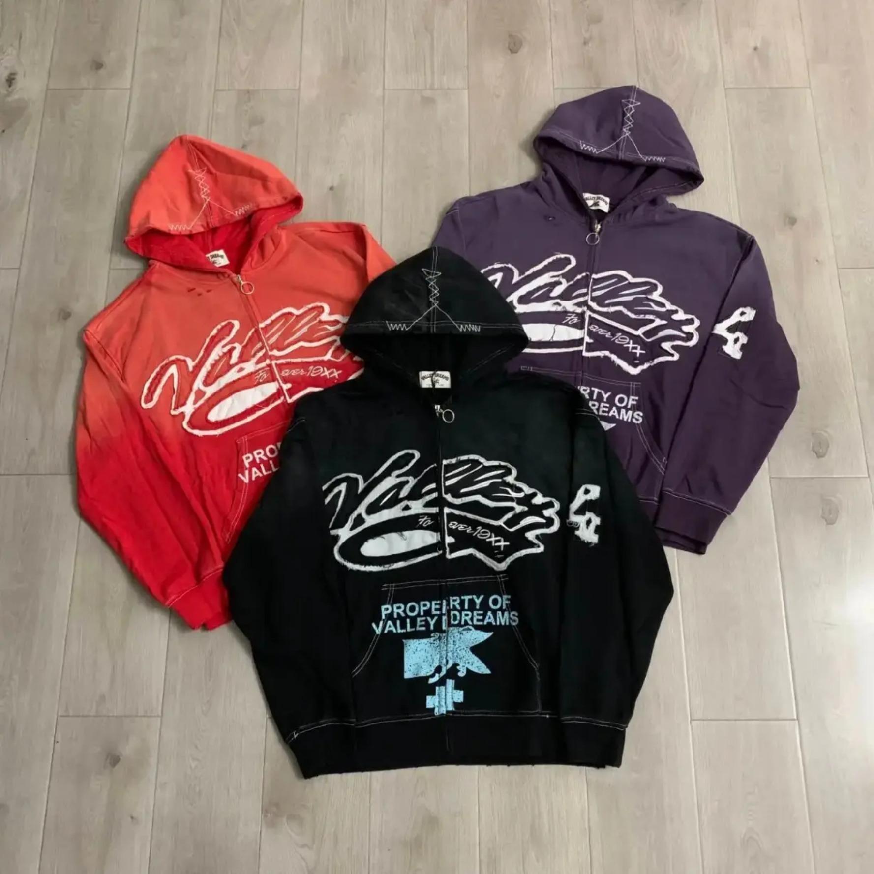 VALE VALLEY DREAMS Embroidered Patch Vintage Washed Zip Up Hoodie 380g Heavyweight 100% Cotton Loose Oversized Y2K Distressed Hooded Sweatshirt Autumn Winter Streetwear Jacket Top Unisex