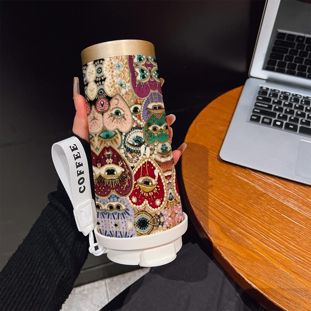 Abstract Heart Crown Eye Texture Coffee Cup, Portable Dual Drink Insulated Tumbler, Keeps Hot/cold, Boho Style, Office Travel Essential