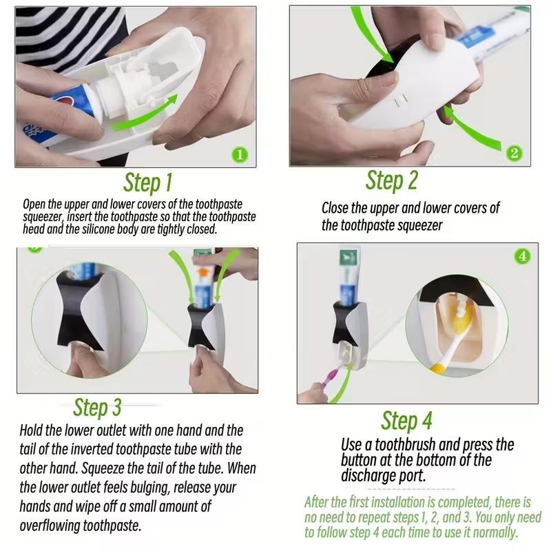 Automatic Toothpaste Dispenser + Brush Holder, Creative Wall-Mounted Toothbrush Rack, No-Drill Bathroom Organizer Set, Toothbrush Holders