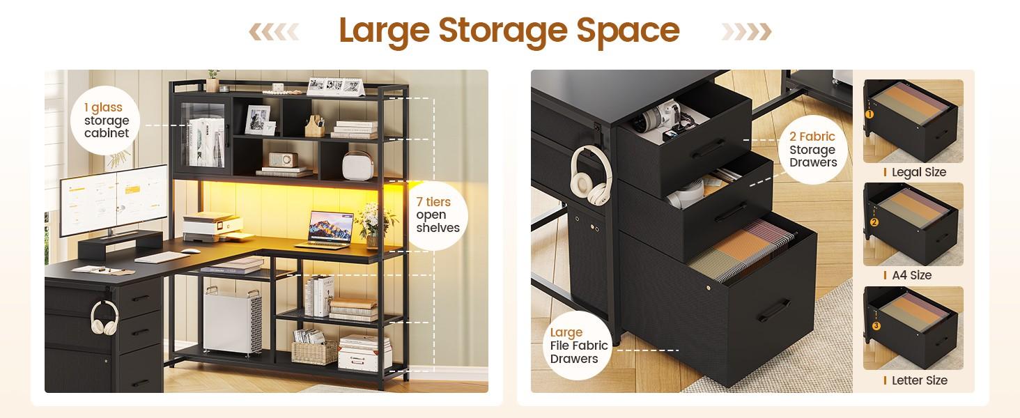 SEDETA L-Shape 58-Inch Desk with Drawers and with Storage Shelves and LED Lights for Home Office and Gaming, Furniture Ergonomic Tables Cabinets