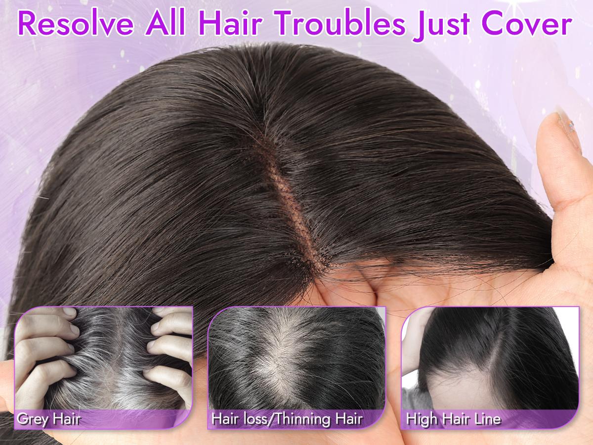 [AISI HAIR]Natural Black Hair Toppers for Women with Thinning 3D 360° Cover Clip in Wispy Bangs Upgraded Adjustable Bandage 24 Inch Long Layered