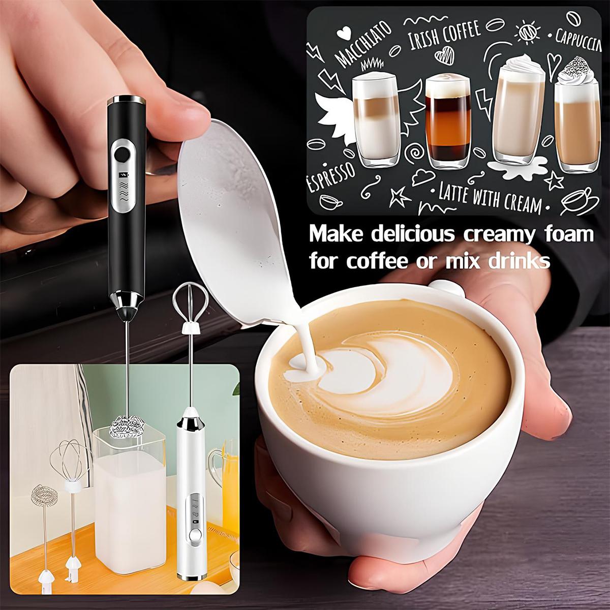 Milk Frother Handheld with 3 Heads, Mix Fruit juice powder, Electric Whisk Drink Foam Mixer with USB Rechargeable 3 Speeds, Mini Frother for Coffee Latte, Cappuccino, Hot Chocolate, Egg
