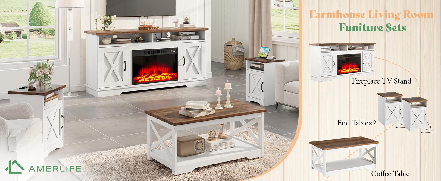 AMERLIFE 5-Piece Farmhouse Table Set Include 63" TV Stand with 26" Fireplace, 40" Coffee Table, 2 End Tables with Charging Station & USB Ports, Living Room Table Sets with Barn Door, Rustic Oak&White