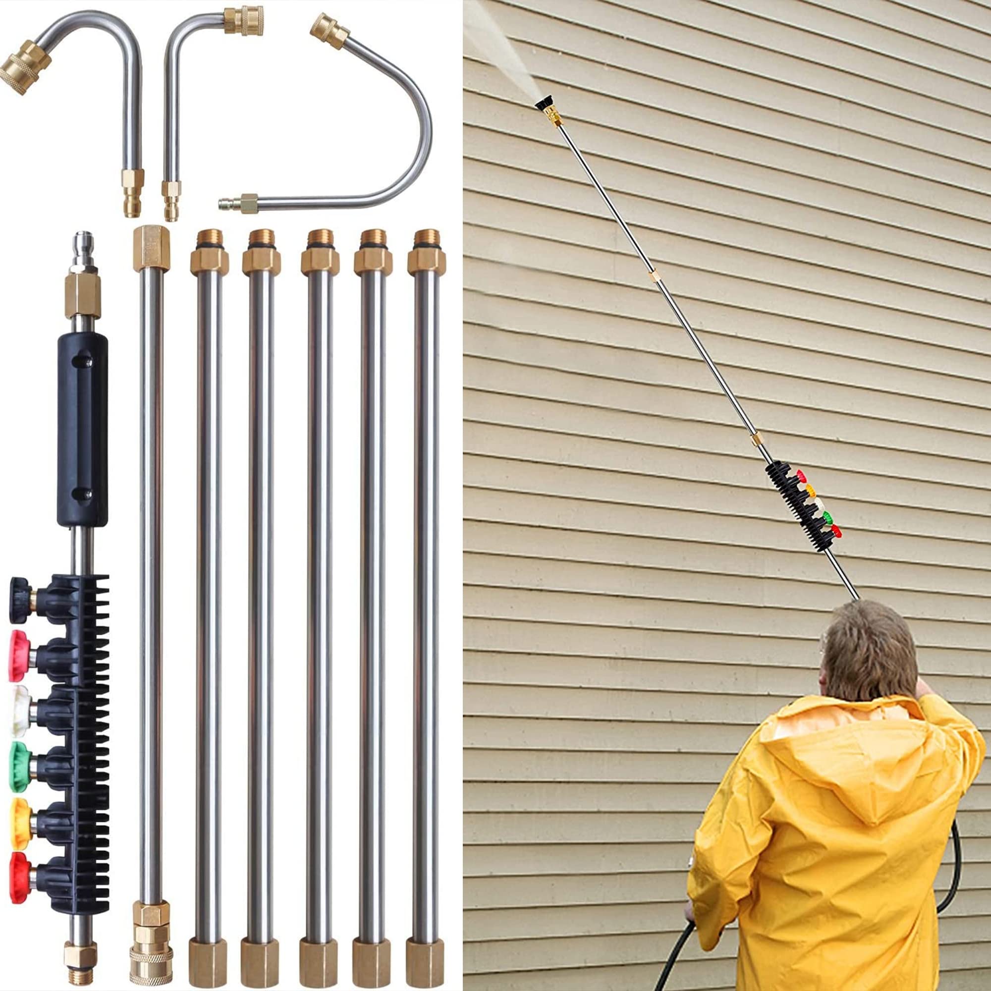Pressure Washer Extension Wand, 10 Pack Power Washer Lance with 5 Atomization Nozzle Tips,1 Gutter Cleaner Attachment Curved Rod, 1/4" Quick Connect, 4000 PSI Brass Stainless Steel