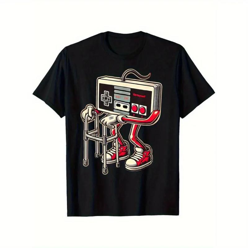 Men'S And Boys Retro Gaming Pattern T-Shirt - Fun Old Video Game Console Design, Black Casual T-Shirt With Red Sneakers And Cable Detail, Short Sleeves, Crew Neck, Machine Washable Golf Gift T-Shirt For Men And Women