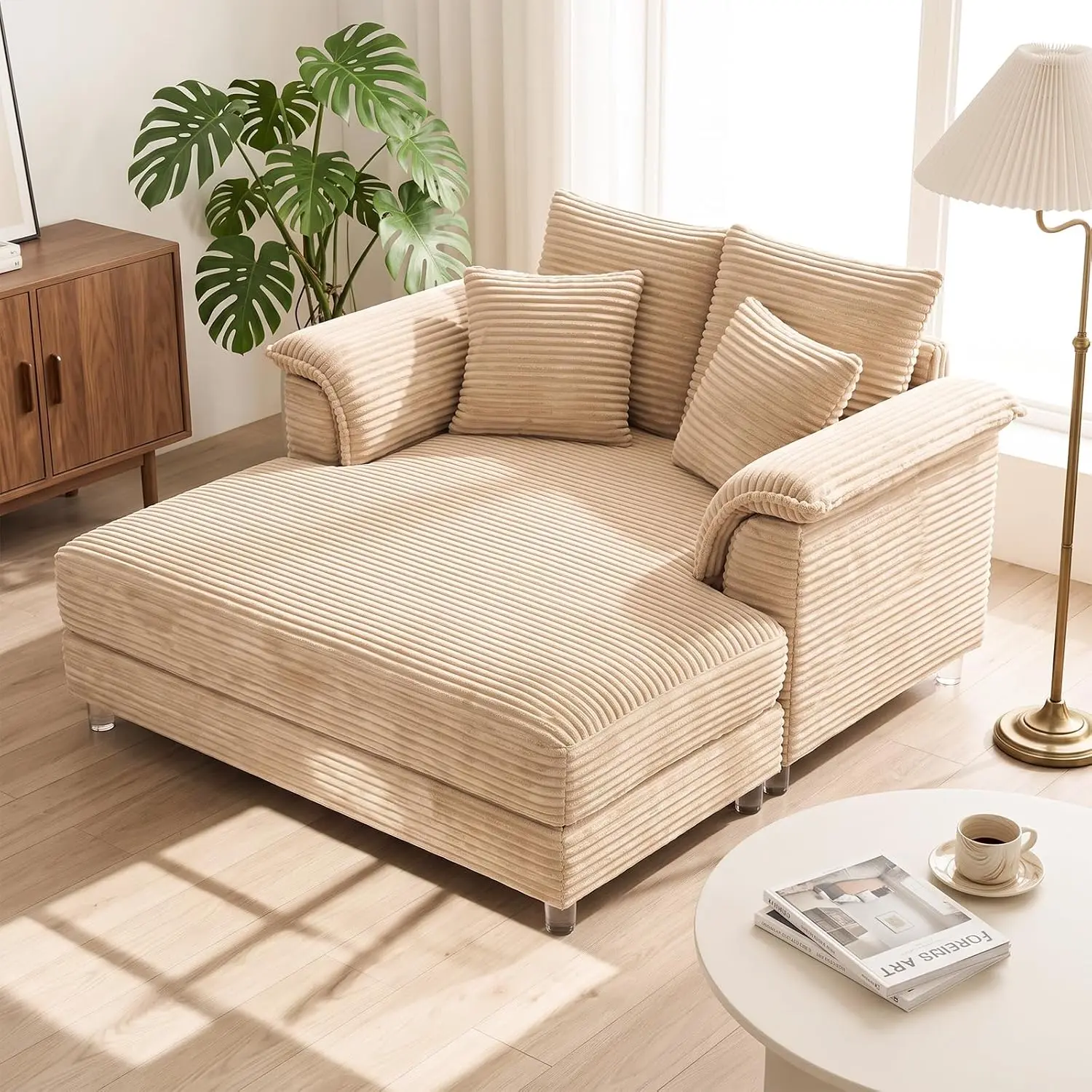 VINGLI Glam Lounge Floating Chaise Lounge Chair - Indoor Sofa Furniture with Floating Look, Rectangular Design, LED Light, Transparent Legs
