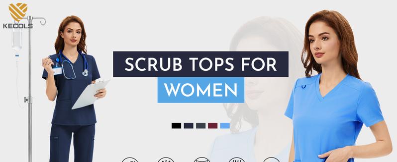 Kecols Scrub Tops for Women - V-Neck with 2 Pockets, Soft 4-Way Stretch, Anti-Wrinkle & Easy Care for Medical Uniforms