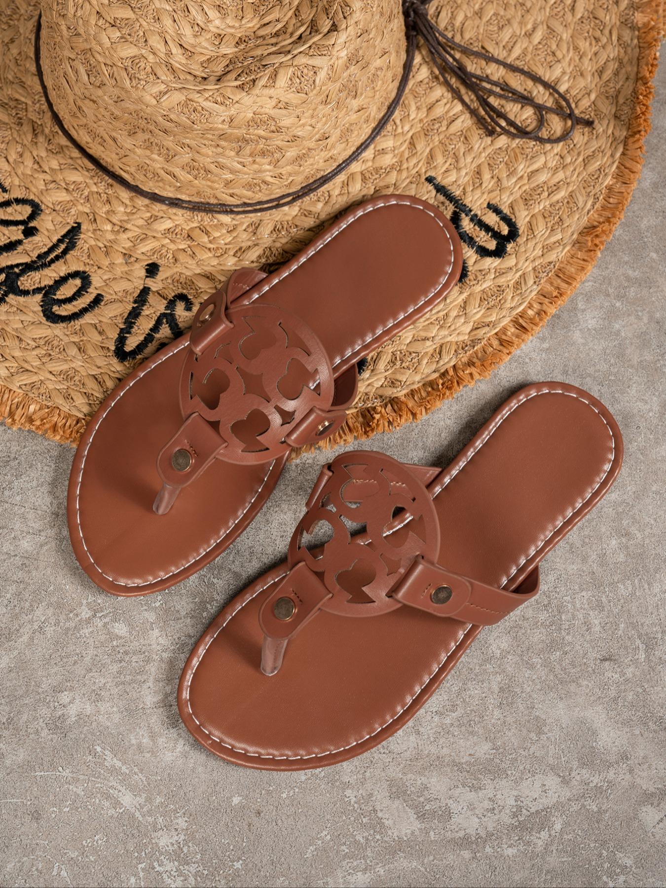 Women's Vintage Hollow Out Flip Flops, Summer Flat Sandals, PU Upper, Rubber Sole, Casual Outdoor Slippers