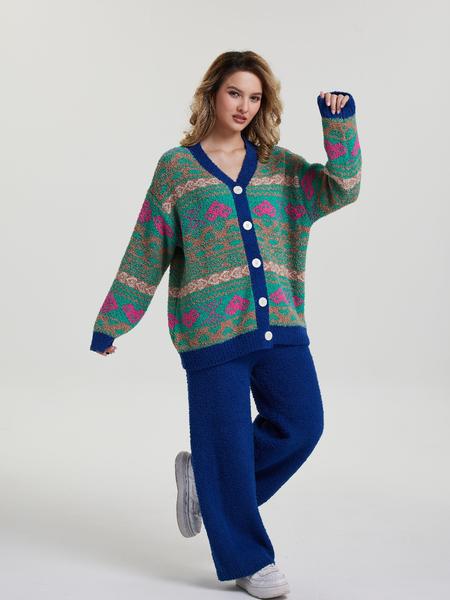 Two-picec  Women's Vintage Style Home Set, Knit Cardigan & Deep Blue Wide-Leg Pants, Pop Art Pattern, Thick Fabric, Fall Winter Boho Loose Fit