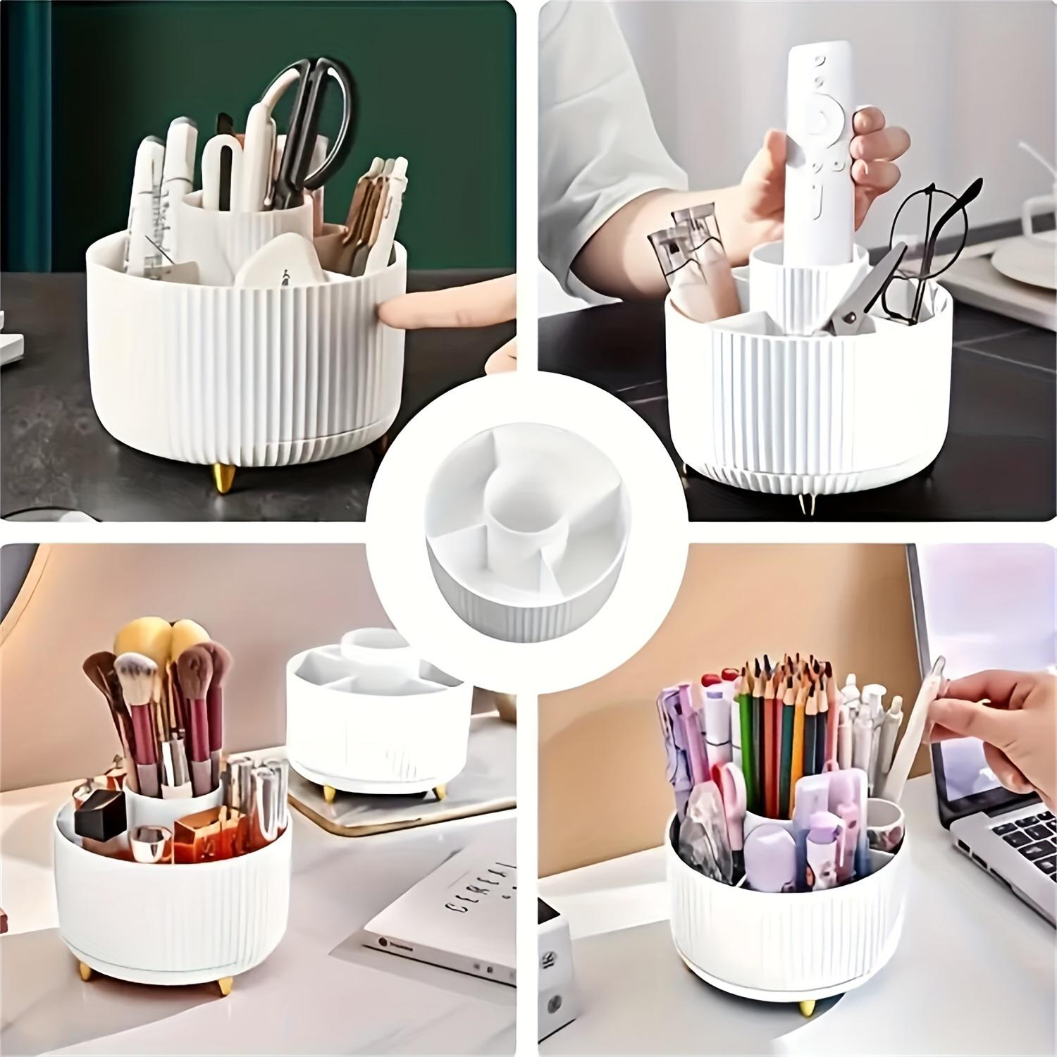 360° Rotating Makeup Organizer - 1pc Plastic Cosmetic Storage with 5 Compartments - Multi-Functional Holder for Brushes, Lipsticks, Skin Care Products, and Stationery - Durable Unscented Desk Caddy with Luxury Stripe Design
