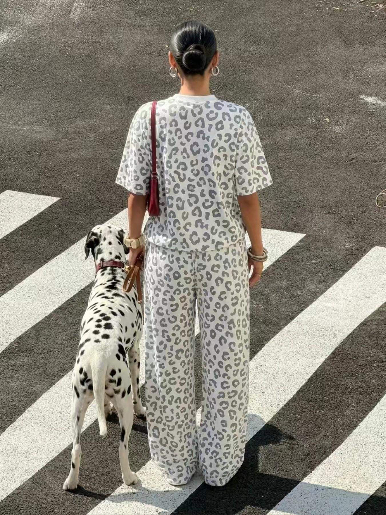 Leopard Print Short Sleeve T-Shirt and Drawstring Adjustable Wide Leg Pants Set, Casual Loose Fit Home, Multicolor, Women's Fashion