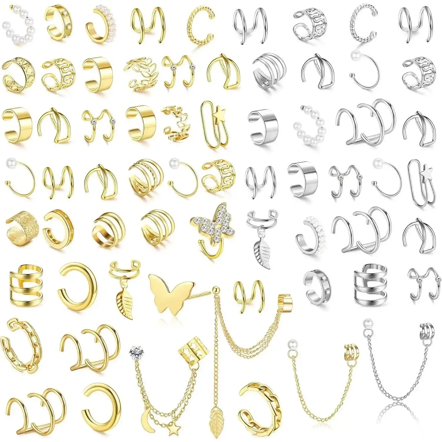 Drperfect 66-Piece Non-Piercing Ear Cuff Earrings Set for Women, Hypoallergenic Silver-Plated Clip-On Fashion Silver Earrings Set, Helix Cartilage Wraps with CZ Star Butterfly Designs for Sensitive Ears