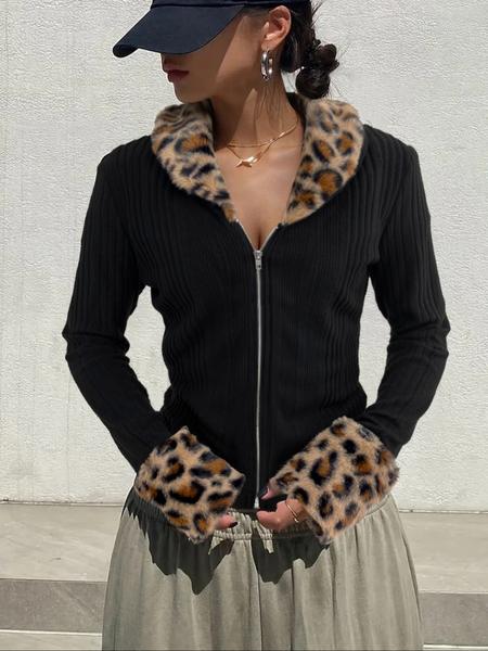 Ladies' leopard print fur collar & cuffs zipper jacket coat