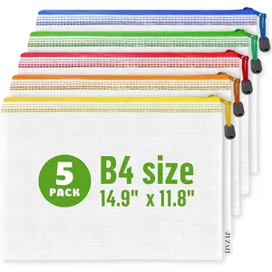 5 Pack Large B4 (12×15in) Plastic Mesh Zipper Pouches, Zippered Organizer Bags for Puzzle Board Game Document Storage and Organization
