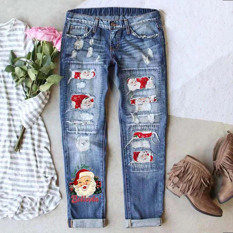 Women's Distressed Skinny Jeans Featuring red Christmas print patterns Retro distressed design Stretch waistband for comfortable wear Holiday casual street style Women's Distressed Skinny Jeans Featuring red Christmas print patterns Retro distressed design Stretch waistband for comfortable wear Holiday casual street style