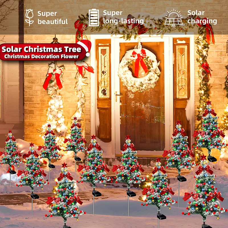 EVEDIOR 4-Pack 35.4-Inch Solar Lighted Christmas Trees Outdoor, Snow-Flocked Pathway Trees with Multicolor LEDs and DIY Ornament Kit, Includes Red Bows, Berries, Bells & Star Toppers for Yard, Garden, Walkway & Patio Holiday Decor