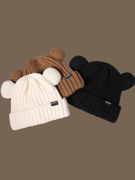 Women's Animal Ear Knit Beanie Hat, Casual Letter Patch Acrylic Warm Cap, Bear Shape Fitted Sweater Hat for All Seasons, Knitted Winter Hat