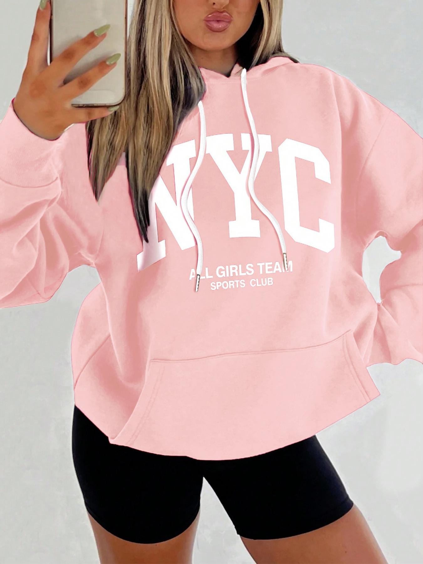 Women's Letter Print Drop Shoulder Hoodie, Fashion Casual Drawstring Pocket Hooded Sweatshirt for Daily Holiday Outdoor Wear, Women Clothing for Fall & Winter